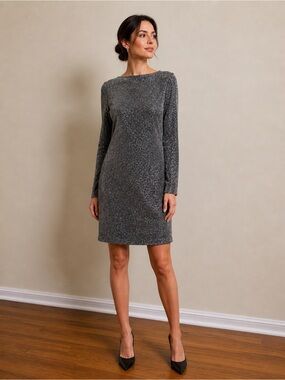 H&M Glitter Long-Sleeve Shift Dress in Charcoal Silver